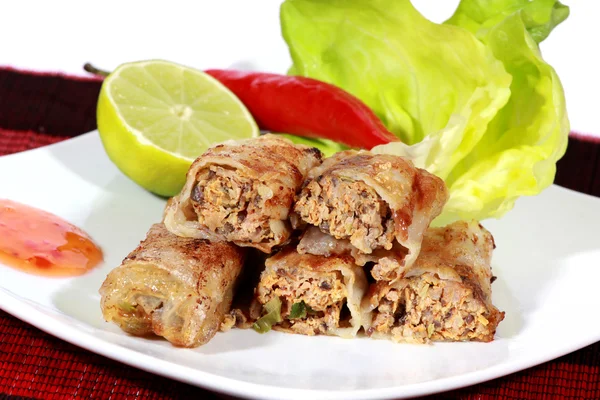 Crispy springrolls on dish with salad — Stock Photo, Image