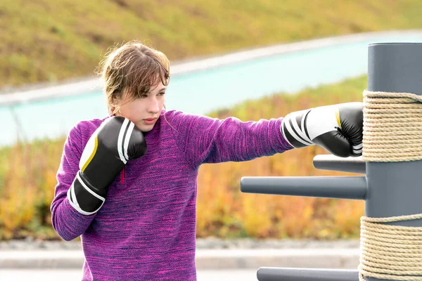 Joven Mujer Practicando Artes Marciales Sola Campo Deportes Con Maniquíes —  Fotos de Stock