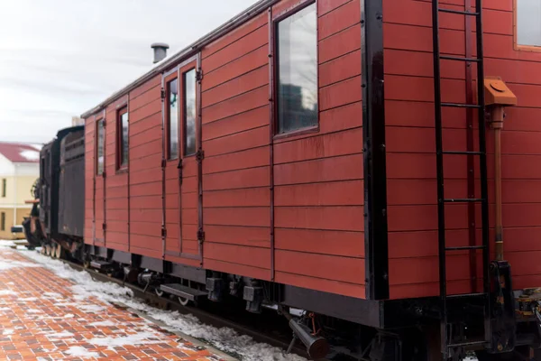 Vintage Boxcar Ατμοκίνητο Τρένο Στο Σταθμό Χειμώνα — Φωτογραφία Αρχείου