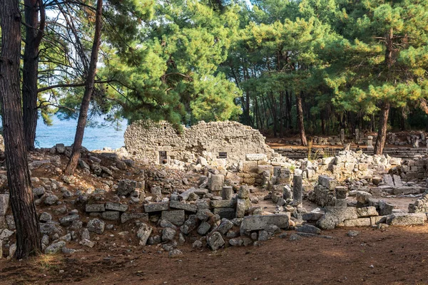 Vista Las Ruinas Antigua Ciudad Phaselis Bosque Orilla Del Mar — Foto de Stock