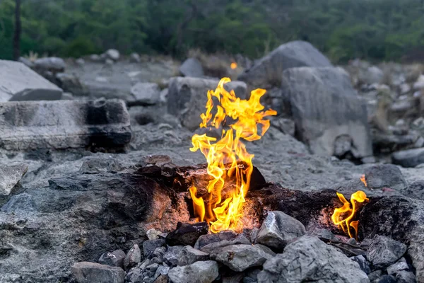 constantly burning fire at the place of a natural gas emission on Mount Chimaera (Yanartas) in Turkey