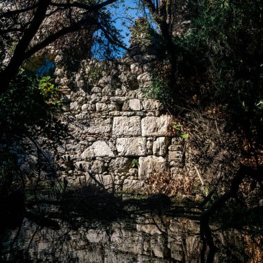 Gölün kenarındaki ormandaki eski harabelerin duvarı.