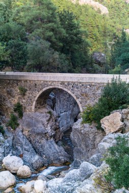 Kesme Bogazi kanyonundaki bir dağ nehri üzerindeki antik Roma köprüsü, Türkiye