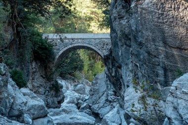 Türkiye 'nin Kesme Bogazi kanyonundaki gölgeli bir dağ geçidinde antik Roma köprüsü
