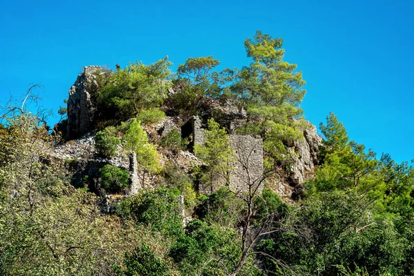 Rovine Antiche Mura Della Fortezza Pendii Boscosi Montagna Nell Antica — Foto Stock