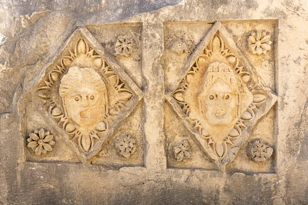 Half Erased Stone Cut Faces Ruins Building Ancient City Mira — Stok fotoğraf
