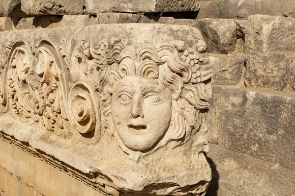 Fragment Frieze Stone Mask Ruins Ancient City Myra Turkey — Fotografia de Stock