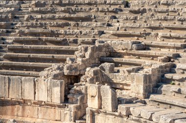 view of the arena and stands of the antique amphitheater in the ruins of Myra Lycian (Demre, Turkey)