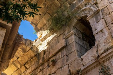 view under the arched vaults of ancient ruins 