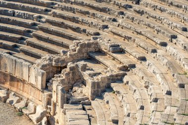 view of the arena and stands of the antique amphitheater in the ruins of Myra Lycian (Demre, Turkey)