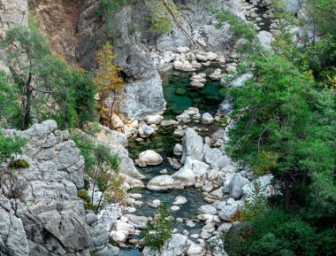 Kayalık bir nehir yatağında deresi olan dağ manzarası