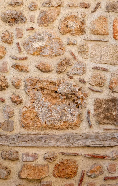 Fundo Textura Alvenaria Áspera Pedra Selvagem Argamassa Uma Armação Madeira — Fotografia de Stock