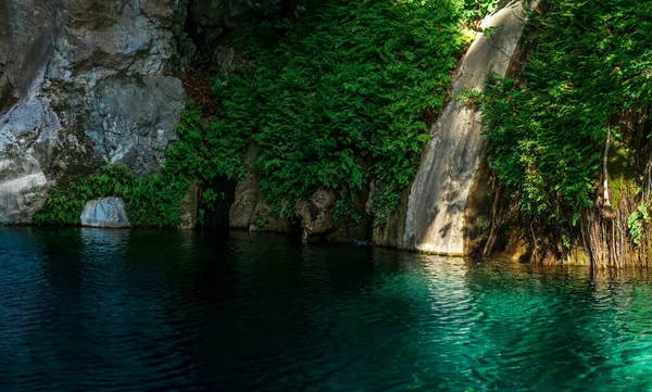 Vegetación Tropical Sobre Rocas Cañón Sobre Agua Azul Clara — Foto de Stock