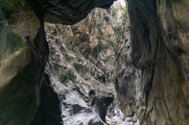 Dağ manzarası, derin bir kanyonun dibinden manzara.