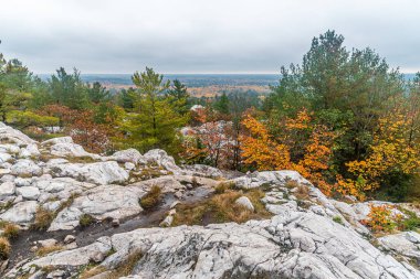 Killarney Park 'ta sonbahar zamanı kayalar ve renkli ağaçlar, Kanada