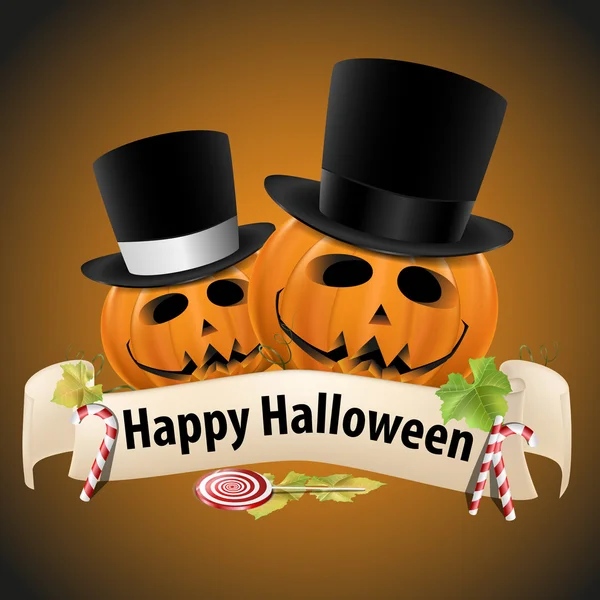 Halloween realistic pumpkins with cylinder hats — Stock Vector