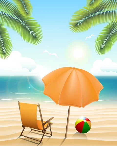 Beach with parasol, chair, ball and palm trees — Stock Vector