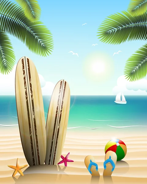 Surfboards on a beach with beach elements — Stock Vector