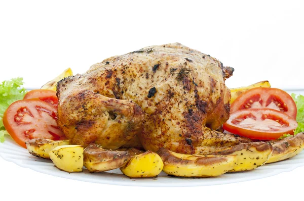 Whole roasted chicken on white background — Stock Photo, Image