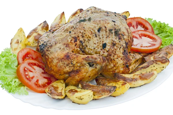 Whole roasted chicken on white background — Stock Photo, Image