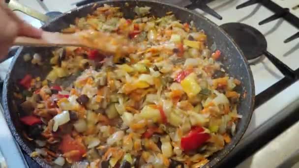 De kok kookt een stoofpot in een koekenpan — Stockvideo