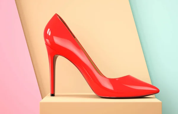 Zapato de mujer rojo en un pedestal. Ilustración de representación 3D. — Foto de Stock