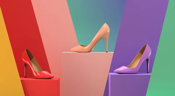 Sepatu wanita berwarna-warni di atas alas. Ilustrasi render 3D. — Stok Foto