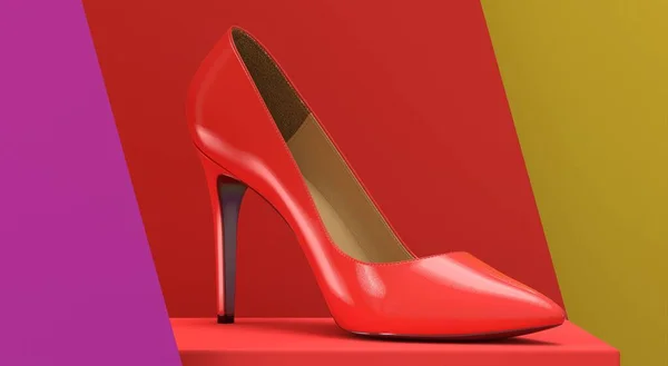 Zapato de mujer multicolor en un pedestal. Ilustración de representación 3D. — Foto de Stock