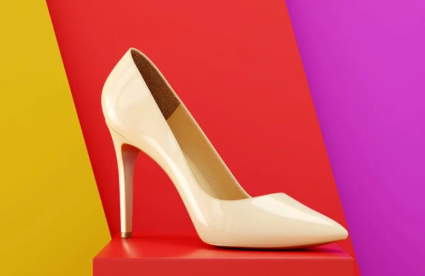 Zapato de mujer beige en un pedestal. Ilustración de representación 3D. — Foto de Stock