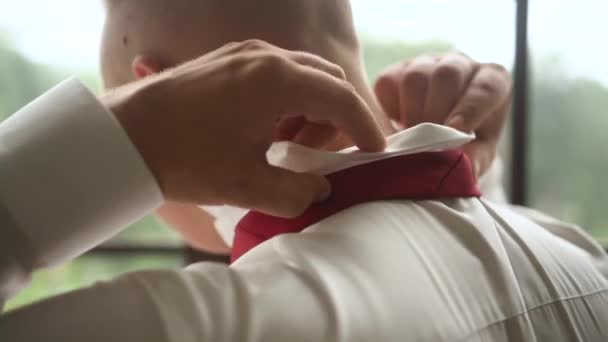 Man adjusts tie and collar — Stock Video