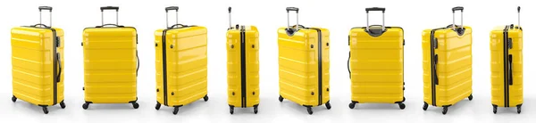 Ein Satz gelber Koffer auf weißem Hintergrund. 3D-Darstellung. — Stockfoto