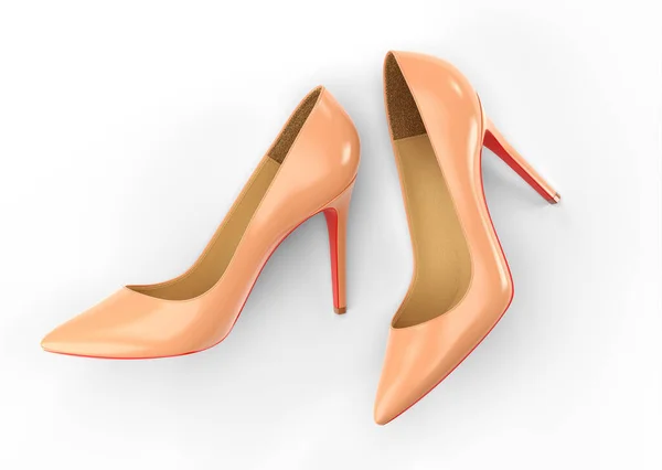 Женские бежевые туфли с красными подошвами изолированы на белом фоне. Вид сверху. 3D-рендеринг. — стоковое фото