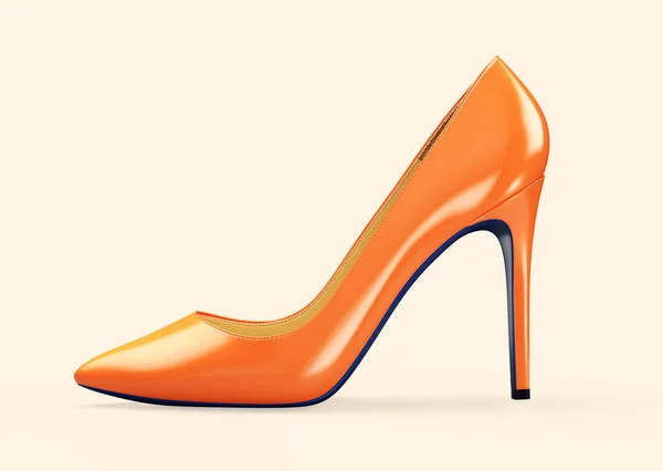 Pomarańczowe damskie buty na beżowym tle. Ilustracja 3D renderowania. — Zdjęcie stockowe
