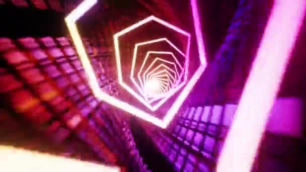 Átrepülni egy háromszög alakú alagúton neonfényekkel. Végtelenül hurkolt animáció. — Stock videók