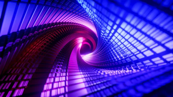 Neon duvarları olan üçgen bir tünelden uçuyorlar. 3B resimleme.