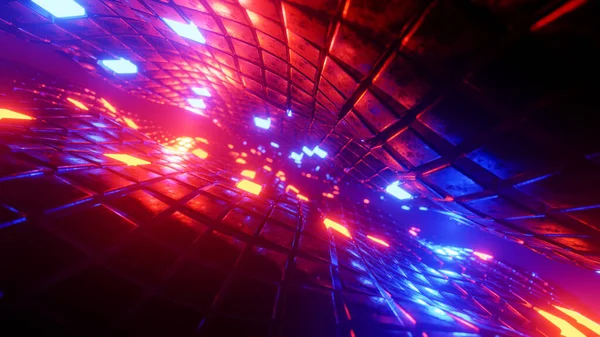 Latanie futurystycznym tunelem z neonami. Ilustracja 3D renderowania. — Zdjęcie stockowe