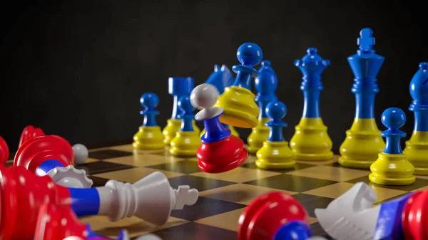 Russlands Aggression gegen die Ukraine. Schach in den Farben der Flaggen. 3D-Darstellung. — Stockfoto