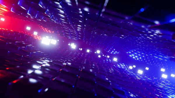 Voler à travers un tunnel futuriste avec des néons. Illustration de rendu 3D. — Photo