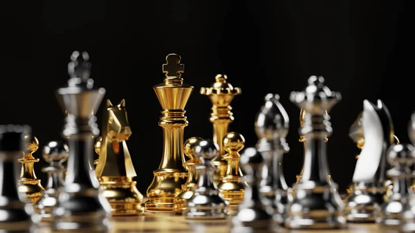 체스 판에는 금색 과 은색 체스 숫자가 놓여져 있다. 3D 렌더링 일러스트. — 스톡 사진