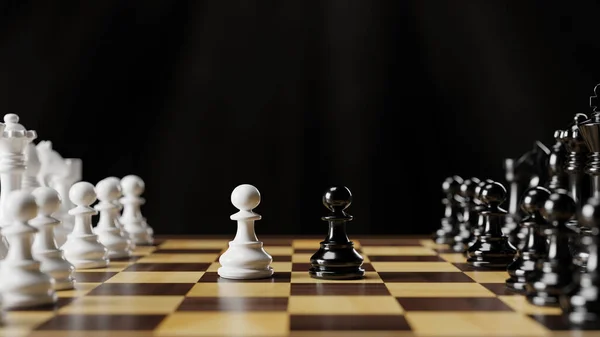 체스 판에 있는 검은색 과 흰색 체스 조각들. 3D 렌더링 일러스트. — 스톡 사진