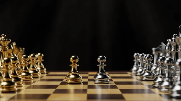 체스 판에는 금색 과 은색 체스 숫자가 놓여져 있다. 3D 렌더링 일러스트. — 스톡 사진