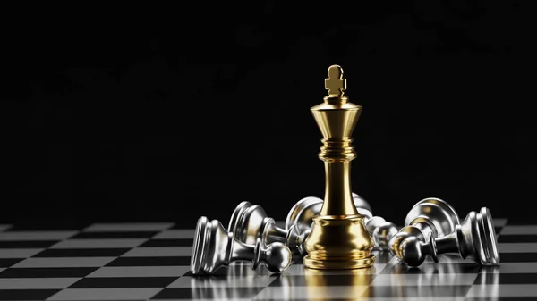 체스 판에 놓여 있는 은 양동 이 사이에 금 체스 왕. 3D 렌더링 일러스트. — 스톡 사진
