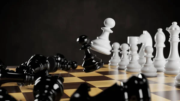 체스 판에 있는 검은색 과 흰색 체스 조각들. 3D 렌더링 일러스트. — 스톡 사진