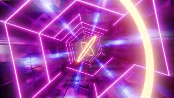 Durch einen Tunnel mit violetten Balken und gelben Ringen fliegen. Animation in Endlosschleife. — Stockvideo