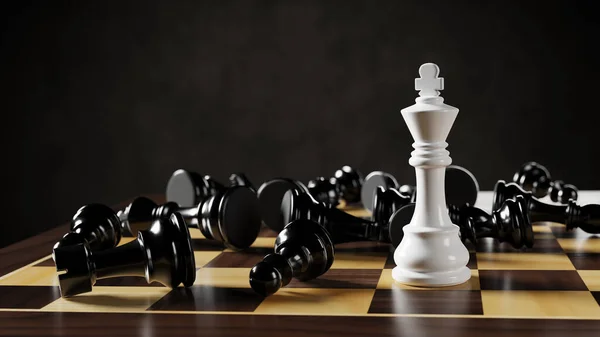 체스 판 위에 누워 있는 검은 양동 이 사이에 하얀 체스 왕. 3D 렌더링 일러스트. — 스톡 사진
