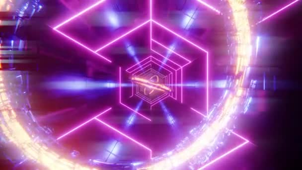 Egy alagúton át repül lila rácsokkal és sárga gyűrűkkel. Végtelenül hurkolt animáció. — Stock videók