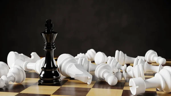체스 판 위에 하얀 양동이 가 놓여 있는 가운데검은 체스 왕. 3D 렌더링 일러스트. — 스톡 사진
