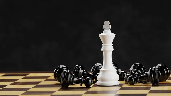 체스 판 위에 누워 있는 검은 양동 이 사이에 하얀 체스 왕. 3D 렌더링 일러스트. — 스톡 사진