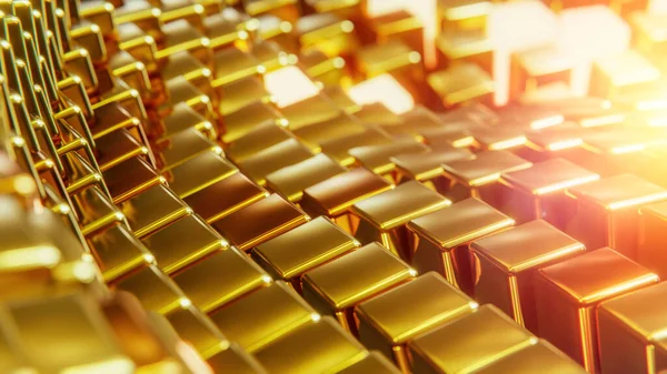 Struttura ondulata di cubi d'oro con abbagliamento e luminosità. Illustrazione rendering 3D. — Foto Stock