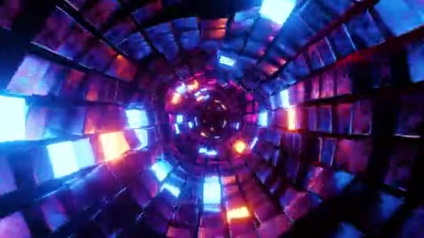 带着发光的立方体在隧道里飞行 无限地旋转着动画 — 图库视频影像